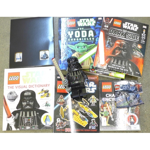 713 - Lego Star Wars dictionary sticker collection, table lamp, Jedi v Sith mini figures and other mini fi... 