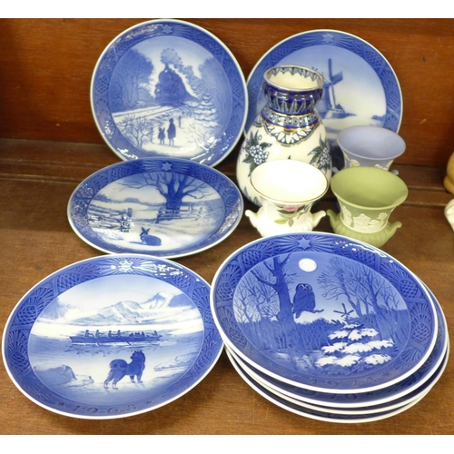 727 - Three Wedgwood vases including two Jasperware and eight Royal Copenhagen Christmas plates, 1960's to... 