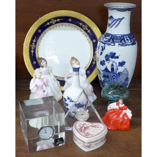 729 - A Coalport plate and two figures, two Royal Doulton figures and a lead crystal clock, M'dina glass, ... 