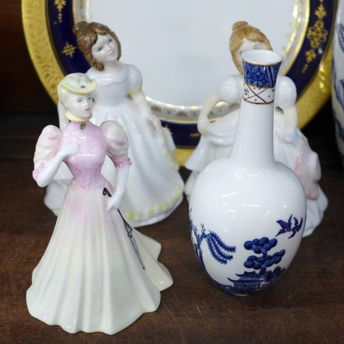 729 - A Coalport plate and two figures, two Royal Doulton figures and a lead crystal clock, M'dina glass, ... 