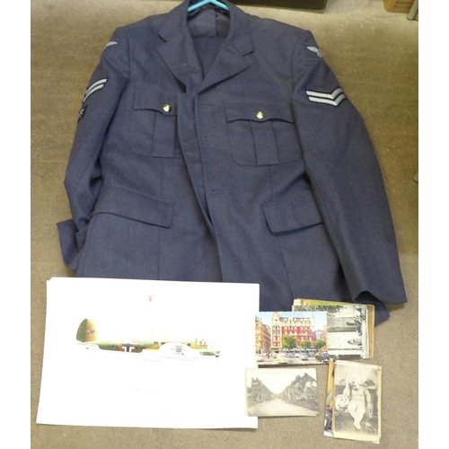 774 - An RAF No 1 dress uniform, military and other postcards and four aircraft prints