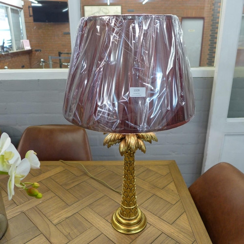 1556 - A gilt palm tree table lamp with burgundy shade (PAL423561)   #