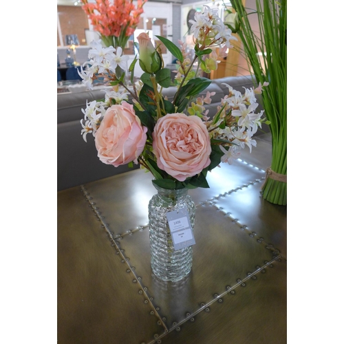 1406 - Peach English rose and pink blossom mix in a lattice vase (50623211)   #