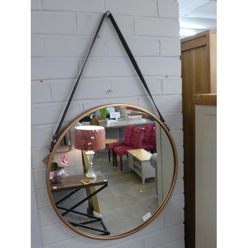 1524 - A copper framed circular wall mirror with black strap (1886818)   #