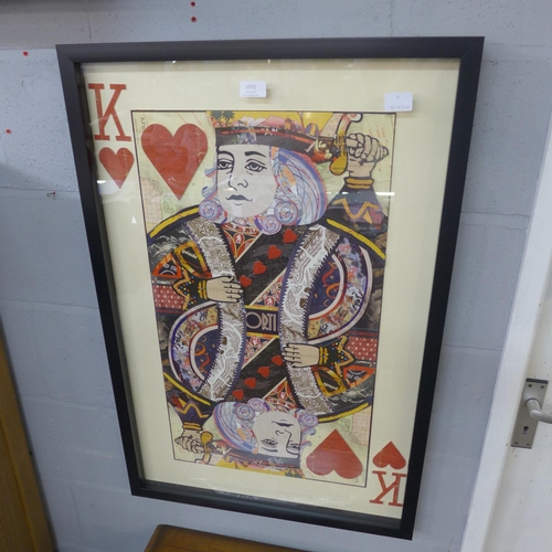 1572 - A framed and glazed King of Hearts playing card collage print, 90 x 60 cms (MP13748)   #