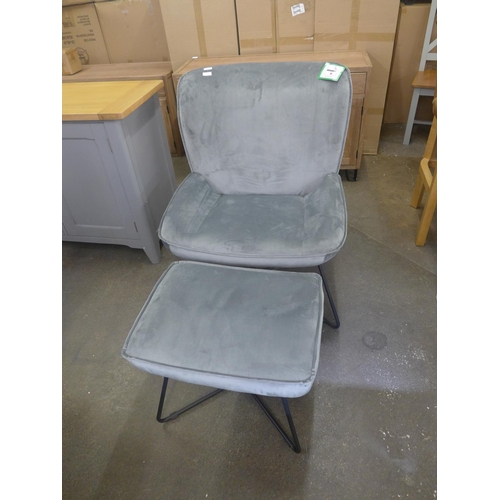 1828 - A steel blue velvet chair and stool (DQZ10075) RRP £205 * this item is subject to VAT