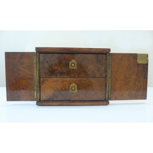 675 - A late 19th Century burr walnut campaign cigar box with original Bramah lock and key and brass reces... 