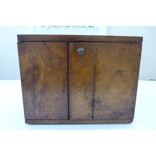 675 - A late 19th Century burr walnut campaign cigar box with original Bramah lock and key and brass reces... 