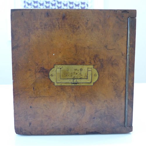 675 - A late 19th Century burr walnut campaign cigar box with original Bramah lock and key and brass reces... 