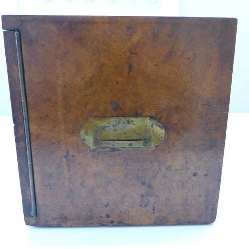 675 - A late 19th Century burr walnut campaign cigar box with original Bramah lock and key and brass reces... 