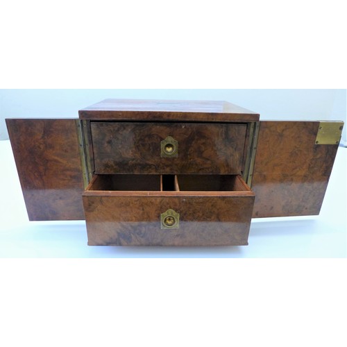 675 - A late 19th Century burr walnut campaign cigar box with original Bramah lock and key and brass reces... 