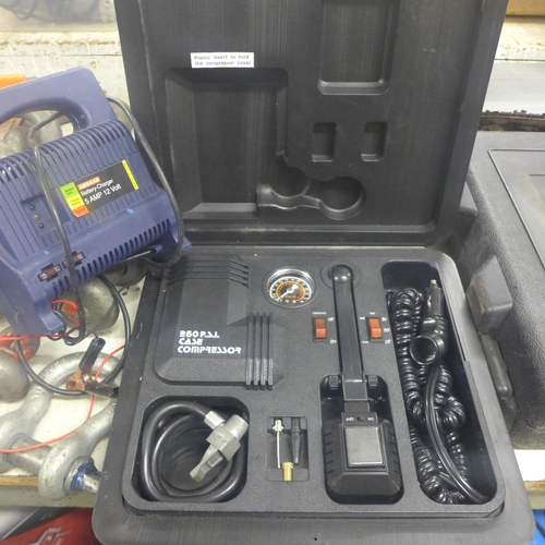 2031 - Richmond 250 p.s.i. cased tyre compressor, Absaar battery-charger 5 amp, 12 volt - both W