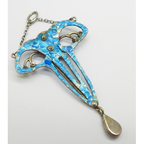 1013 - An Art Nouveau enamel, blister pearl and seed pearl pendant, 31mm wide