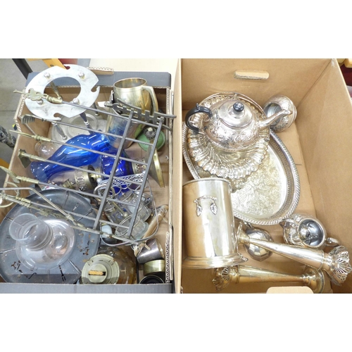 1181 - A box of silver plate and a box of metalwares, oil lamps, Japanese stand, etc. **PLEASE NOTE THIS LO... 