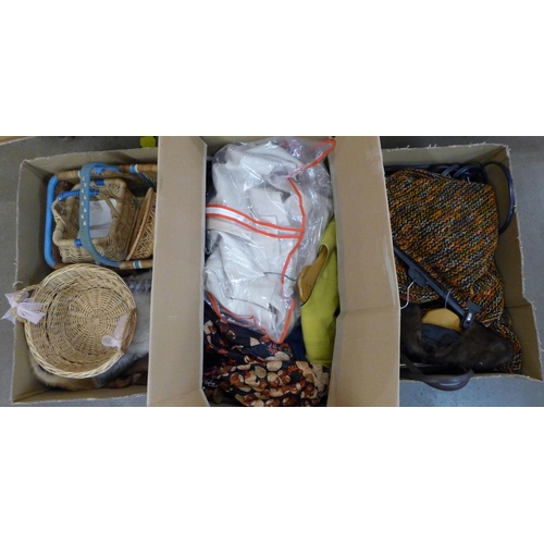 1185 - Three boxes of vintage clothing, handbags, fur and wicker baskets **PLEASE NOTE THIS LOT IS NOT ELIG... 