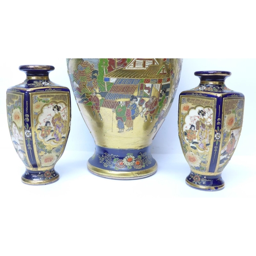 606 - Three Japanese Satsuma pottery vases including a pair with square bodies, the largest 32cm high