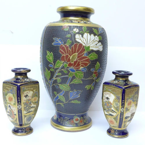 606 - Three Japanese Satsuma pottery vases including a pair with square bodies, the largest 32cm high