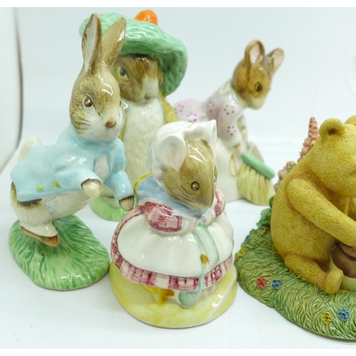 640 - Nine Royal Albert Beatrix Potter figures, a Royal Osborne mice figure and a classic Pooh figure