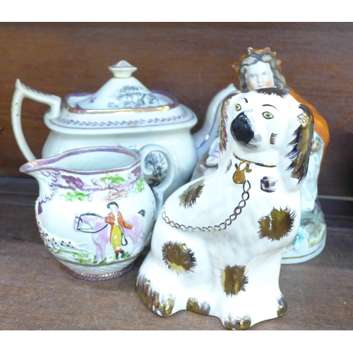 676 - A Staffordshire figure, a/f, a Sunderland lustre jug, transferware printed teapot with shepherdess a... 