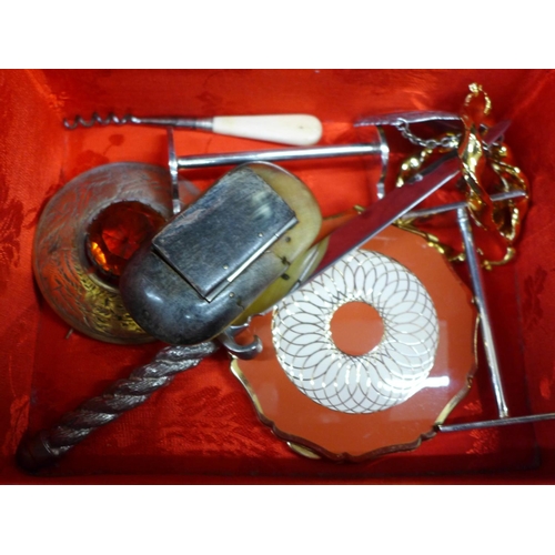 699 - A jewellery box and contents; seal fob, marcasite jewellery, etc.