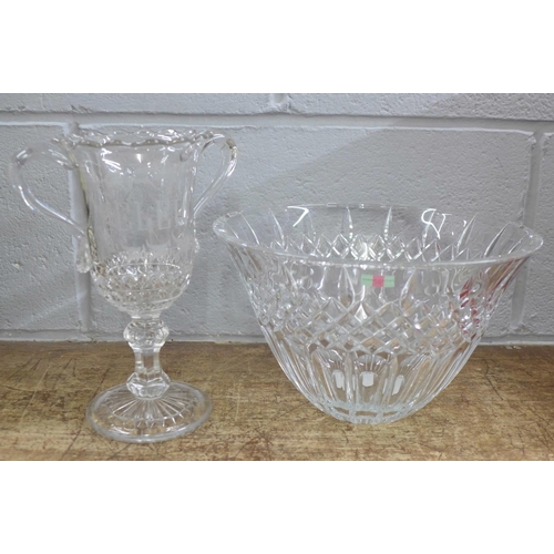 807 - A Victorian engraved cut glass celery jar and a large Stuart Crystal bowl in Shelton design with ori... 