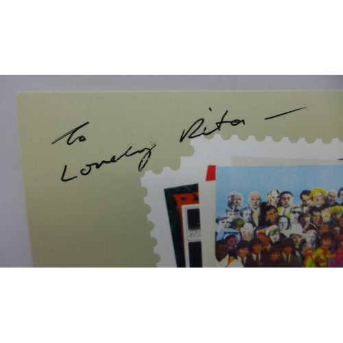 821 - A The Beatles related autographed (modern) postcard, signed 'To Lovely Rita, Best Wishes George Mart... 