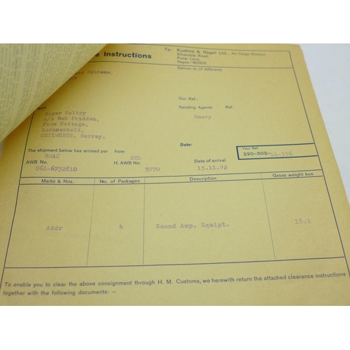 823 - The Who, invoice dated 15.11.72 for purchase of an amplifier by Roger Daltrey, (spelt Daltry)