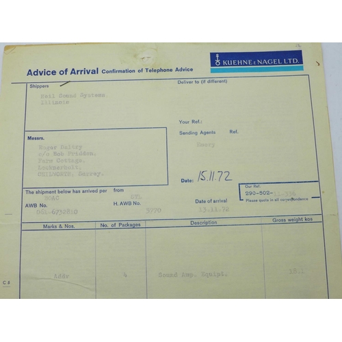 823 - The Who, invoice dated 15.11.72 for purchase of an amplifier by Roger Daltrey, (spelt Daltry)