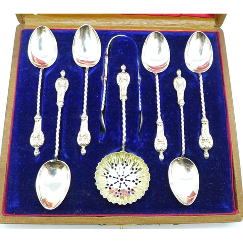 857 - A set of six Victorian silver Soldiers of The Queen spoons with a pair of sugar bows and a sifter, c... 