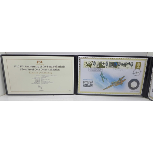 861 - A 2020 80th Anniversary of the Battle of Britain, 3 panel £1, £2 and £5 silver proof Coin Cover Coll... 