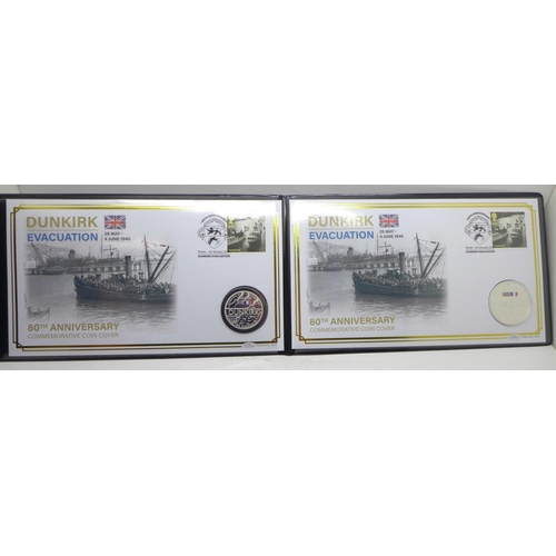 866 - A 2020 80th Anniversary of Dunkirk silver proof 3 panel £1, £2 and £5 coin cover collection, with Ce... 