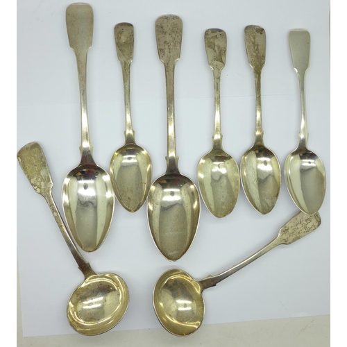 872 - A pair of Victorian silver ladles and six assorted silver spoons including Georgian, 430g