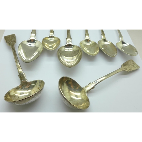 872 - A pair of Victorian silver ladles and six assorted silver spoons including Georgian, 430g