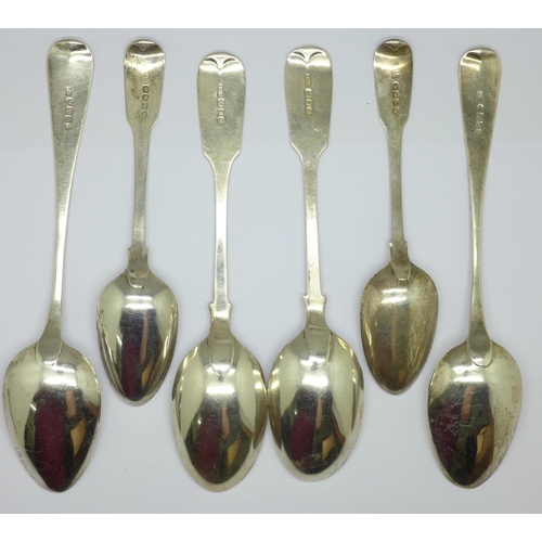 874 - Three pairs of silver spoons including one George III pair, London 1810, Eley, Fearn & Chawner, tota... 