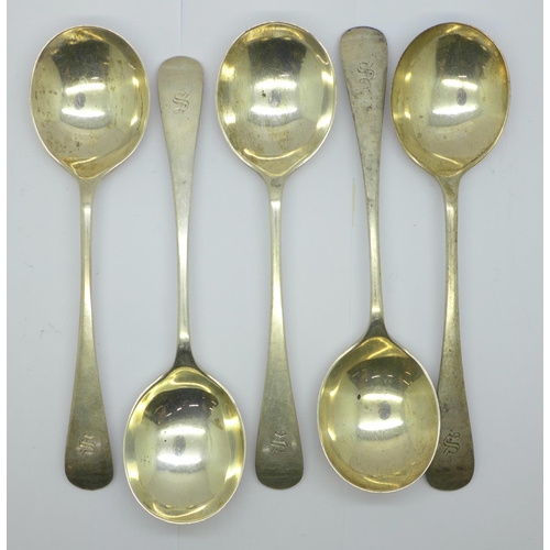 875 - Five silver soup spoons, by Walker & Hall, 317g