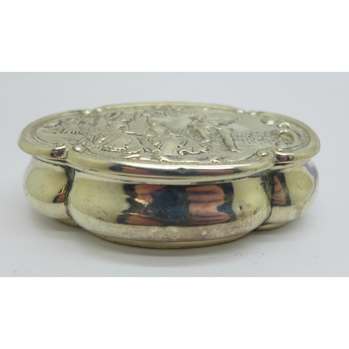 878 - A Victorian silver box with a Dutch scene to the lid, Birmingham 1899, 8cm, 53g