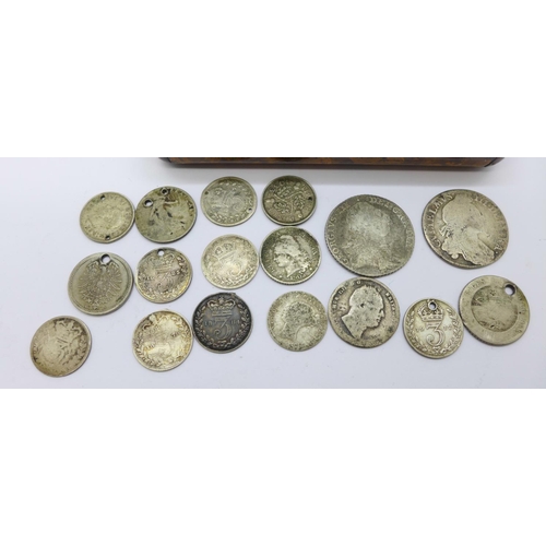 887 - British and foreign coins, including some silver, William III and George III