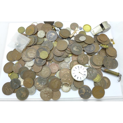 943 - A collection of coins including Victorian and a pocket watch movement