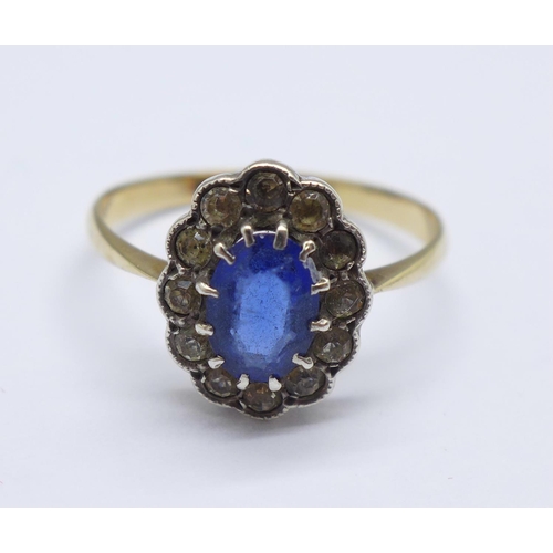 964 - A 9ct gold, blue and white stone ring, 2.3g, N