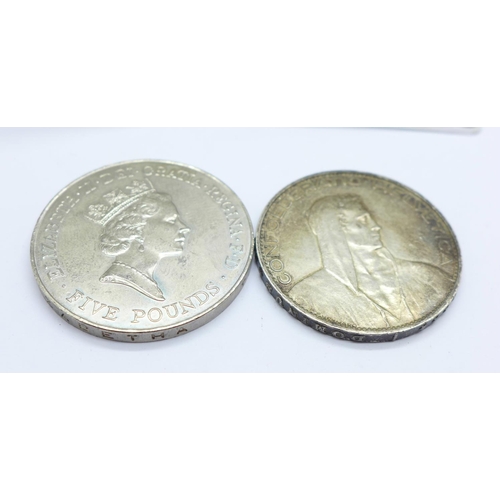 980 - A Swiss 5 Francs 1926 silver half dollar and 1996 five pounds