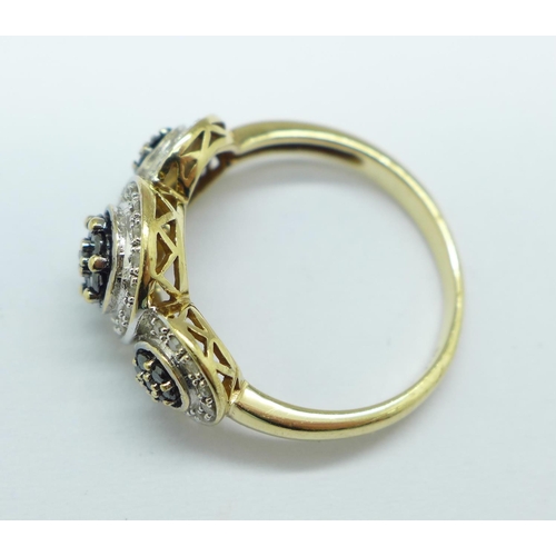 990 - A 9ct gold, two colour diamond triple cluster ring, 0.50carat diamond weight, 3.5g, Q