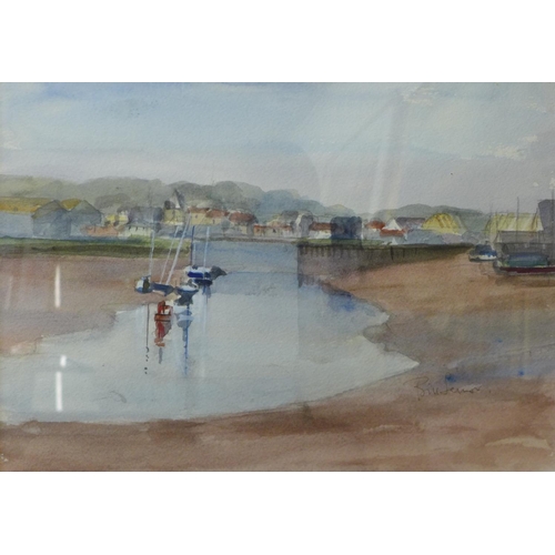 10 - English School, estuary landscape with boats, watercolour, 24 x 34cms, framed and a small easel