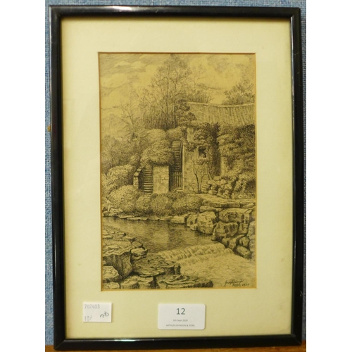 12 - Joseph Wright, river landscape with a watermill, 19 x 12cms and A Bit Of Old Coventry, 25 x 20cms, p... 