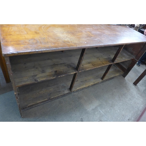 24 - A Victorian mahogany and scumbled pine shop counter, 92cms h, 213cms w, 59cms d