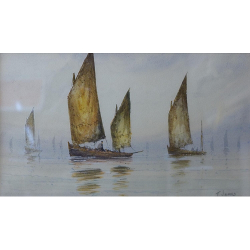 5 - T. James, pair of marine landscapes with sailing ships, watercolour, 11 x 18cms and a Sydney H. Pavi... 