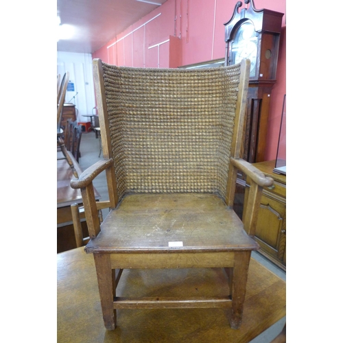 62 - A late 19th/early 20th Century Orkney pine and straw work child's chair, retailed by Liberty & Co. L... 