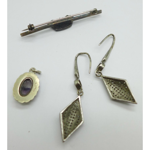 1000 - A silver and Blue John pendant, a silver and paste brooch, and a pair of silver and paste earrings