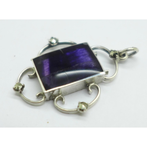 1003 - A vintage silver, Blue John and marcasite set pendant, c.1930-40, stone 11mm x 15mm