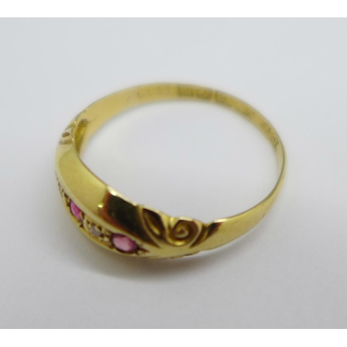 1023 - An 18ct gold, ruby and diamond ring, Birmingham 1911, 1.6g, N