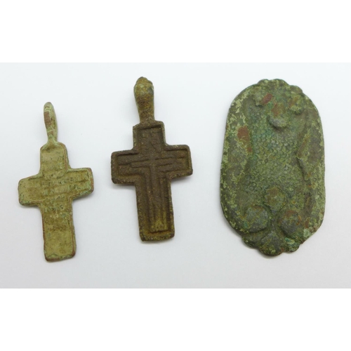 1031 - Two bronze Viking crosses and a brooch, c.950, found in Russia